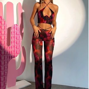 NWT WHITE FOX Boutique - Rhythm Of The Night Pants & top Pink Flame Print
